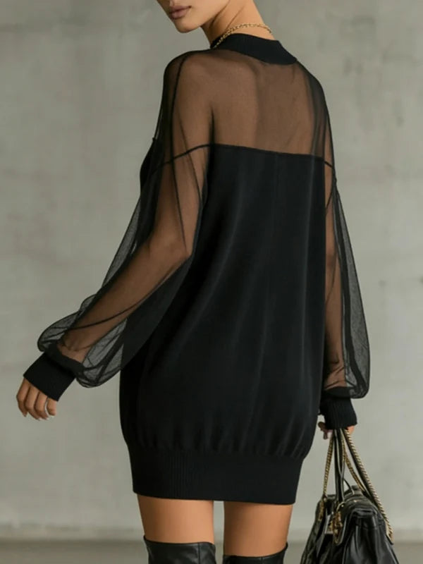 AMÉLIE | VESTIDO NEGRO ELEGANTE PARA MUJER CON MANGAS DE MALLA