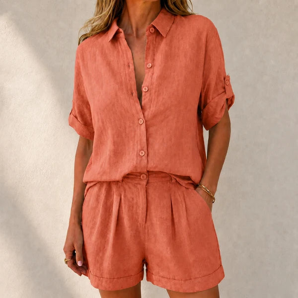 EVANIA | CONJUNTO DE CAMISA Y PANTALÓN CORTO DE LINO PARA MUJER