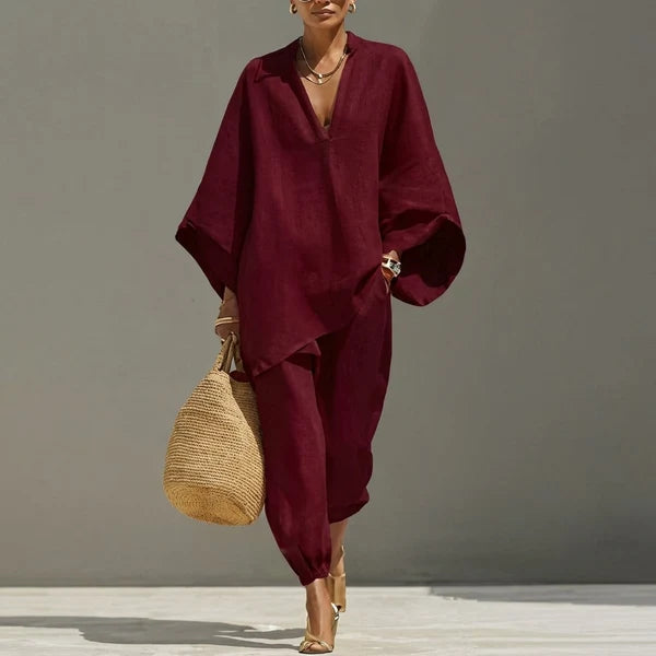 MARINA | TRAJE DE DOS PIEZAS CASUAL CON CUELLO EN V PARA MUJER