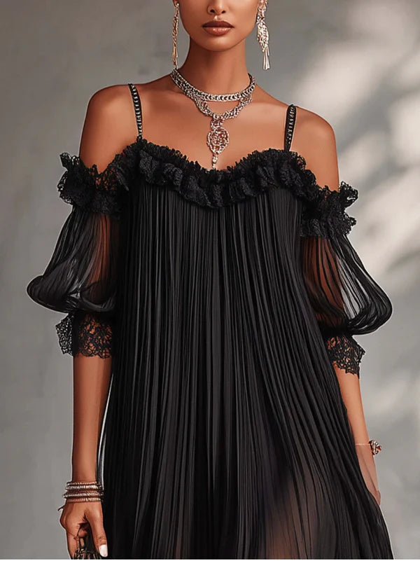 LYA | VESTIDO DE ENCAJE NEGRO CON MANGAS ABULLONADAS