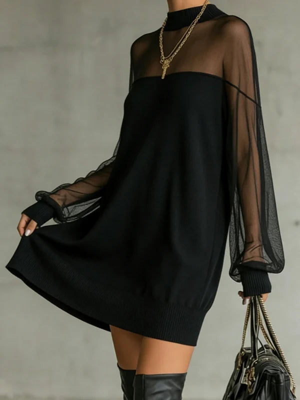 AMÉLIE | VESTIDO NEGRO ELEGANTE PARA MUJER CON MANGAS DE MALLA