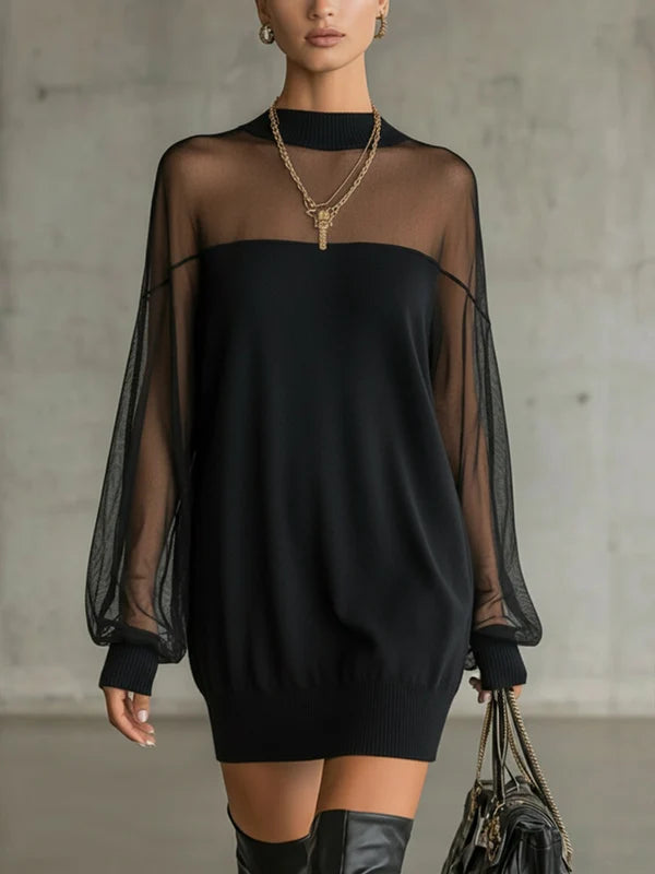 AMÉLIE | VESTIDO NEGRO ELEGANTE PARA MUJER CON MANGAS DE MALLA