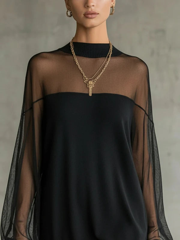 AMÉLIE | VESTIDO NEGRO ELEGANTE PARA MUJER CON MANGAS DE MALLA